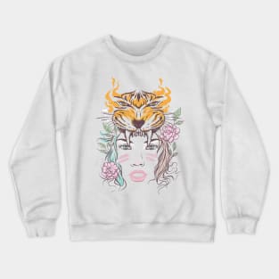 beautiful lady face with tiger head and flowers Crewneck Sweatshirt